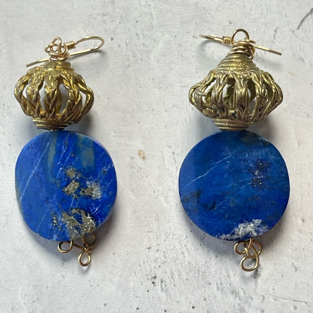 Artisan Blue and Gold Lapis Lazuli Dangle Earrings.